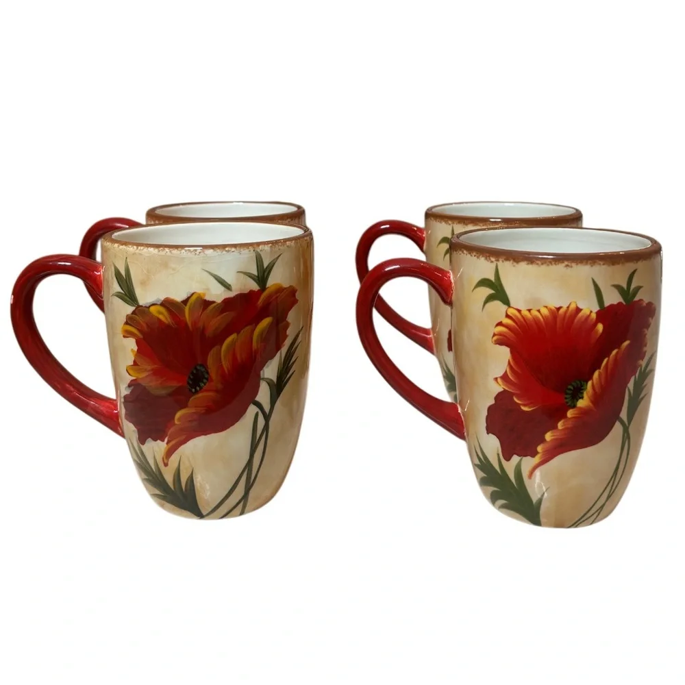 Pier 1 Poppies Mug 4 Piece Set Hand Painted Earthenware Replacements Red Floral